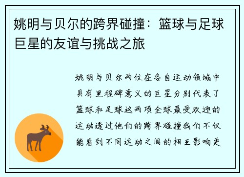 姚明与贝尔的跨界碰撞：篮球与足球巨星的友谊与挑战之旅